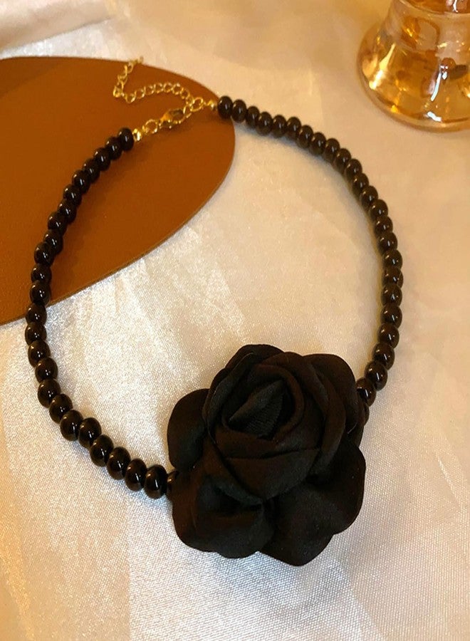 Rannyrena Vintage Pearl Choker Necklace with Flower Dainty Handmade Floral Collar Necklace Imitation Elegant Pearl Jewelry Bridal Wedding Accessory for Women (Black) - Image 2